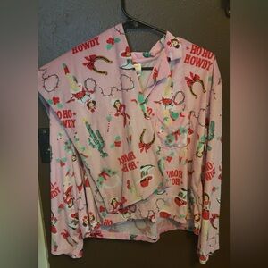 Woman’s Pink Holiday Cowboy Graphic Pajama Top and Bottom set